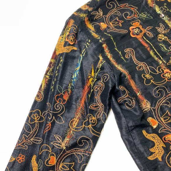 Chico's Silk Beaded Blouse - Size Medium (Chicos 1) - Black Embellished Floral - Picture 6 of 13